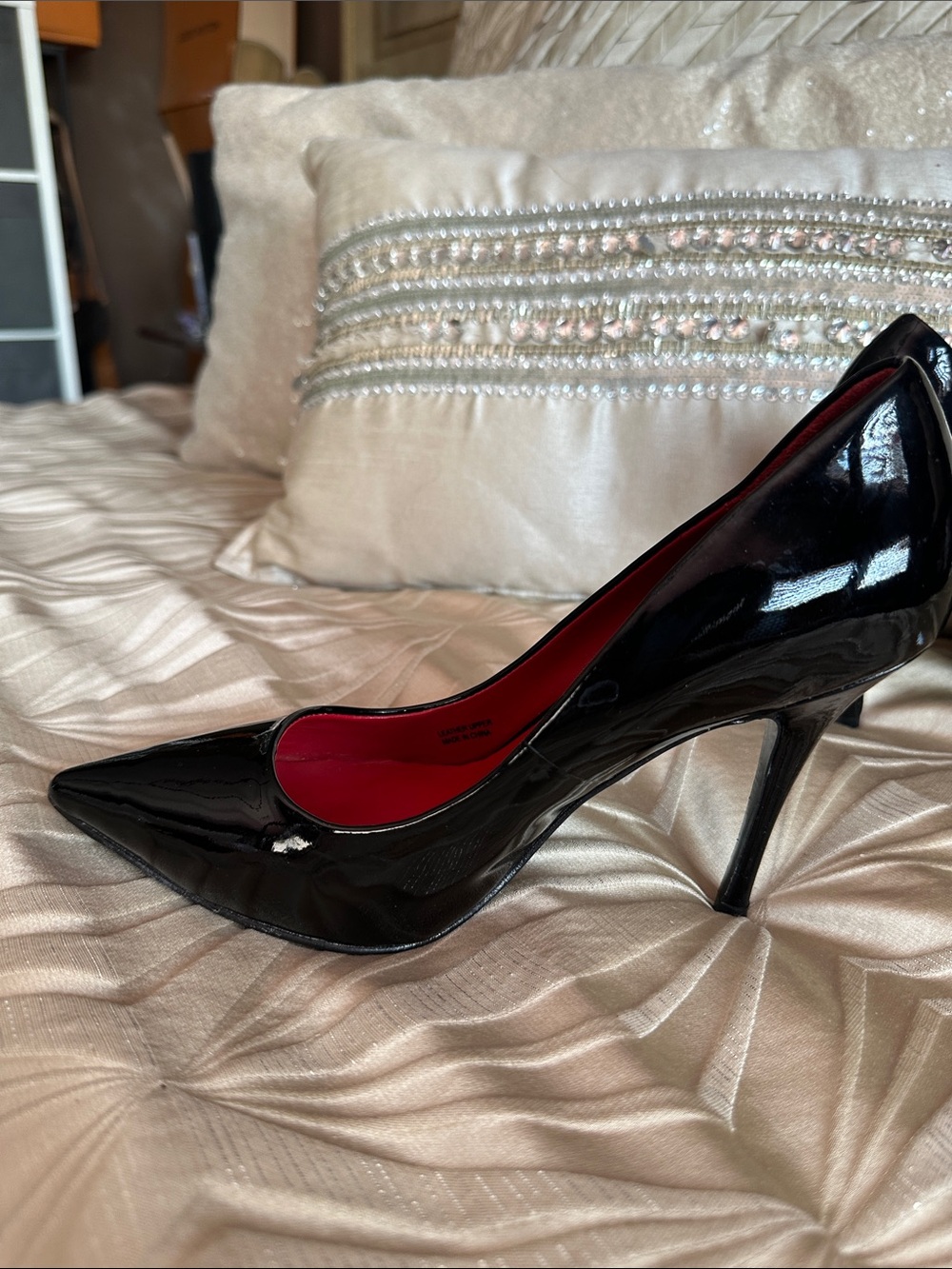 Charles Jourdan Black Patent Pointed-Toe Stiletto Pumps with Red Lining - Picture 9 of 11